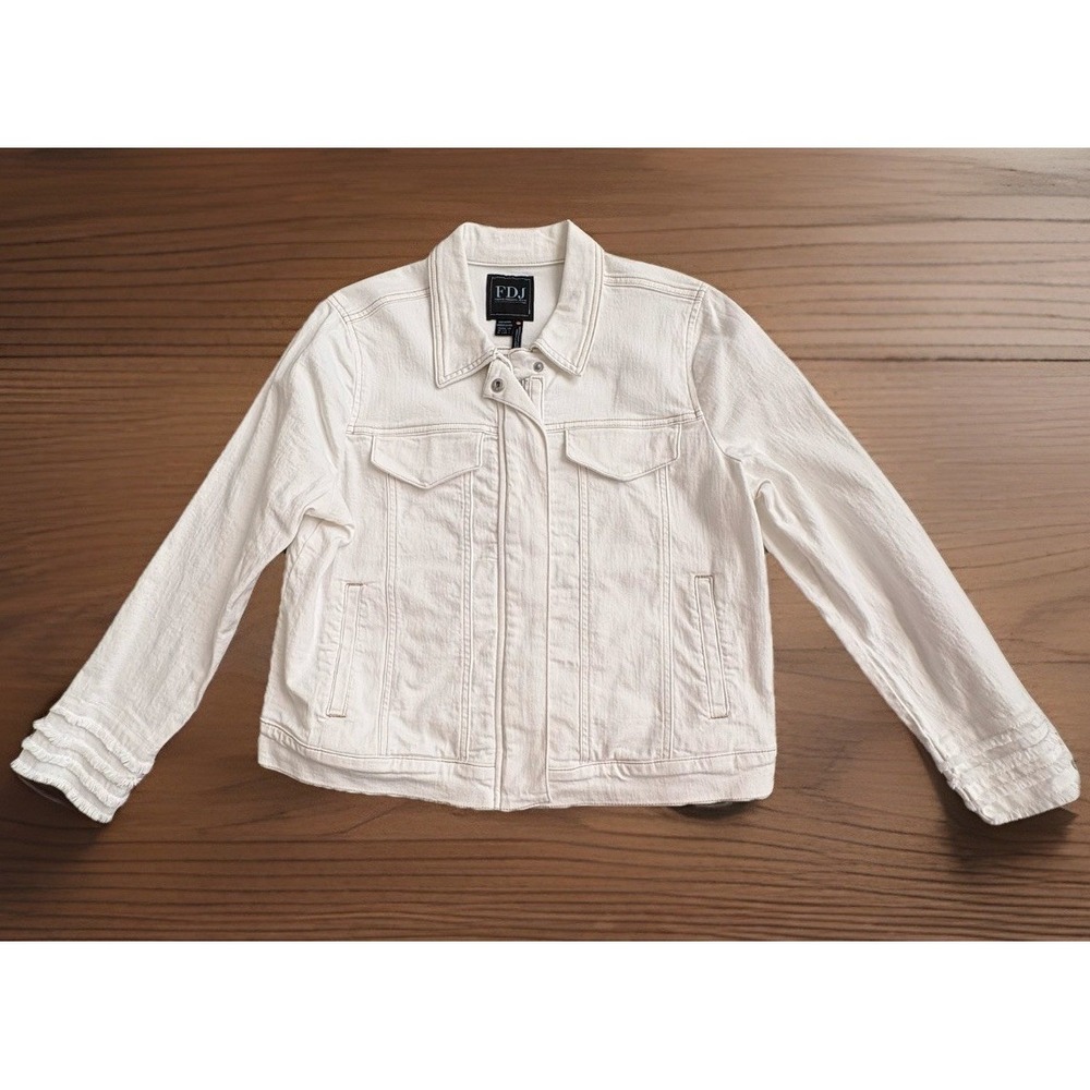 FDJ French Dressing Jeans Large White Denim Jacket Frayed Cuff Zip Front‎ EUC